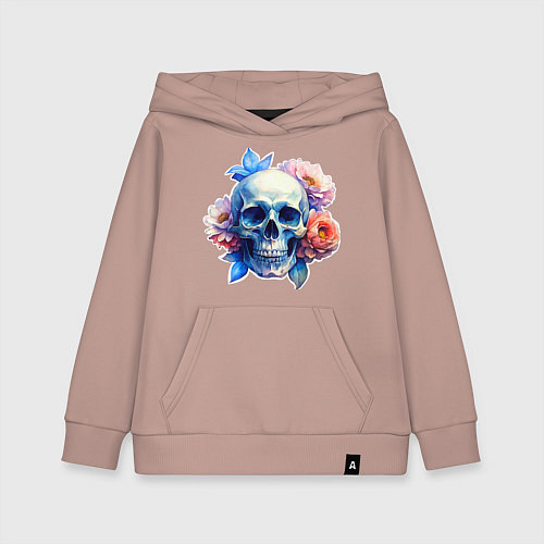 Детская толстовка-худи Акварельный череп в цветах / Пыльно-розовый – фото 1