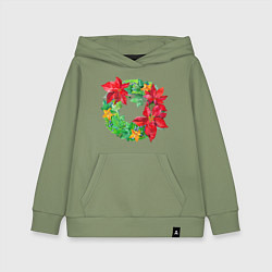 Толстовка детская хлопковая Новогодний венок из плюща и пуансеттии, цвет: авокадо