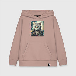 Толстовка детская хлопковая Прикольный котик фанат тяжёлого рока - нейросеть, цвет: пыльно-розовый