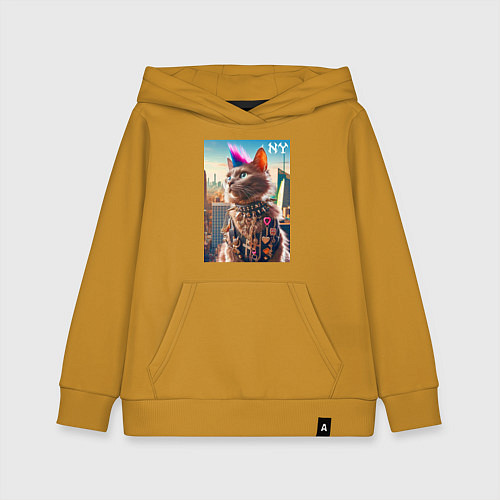 Детская толстовка-худи Funny cat punk from New York - ai art / Горчичный – фото 1