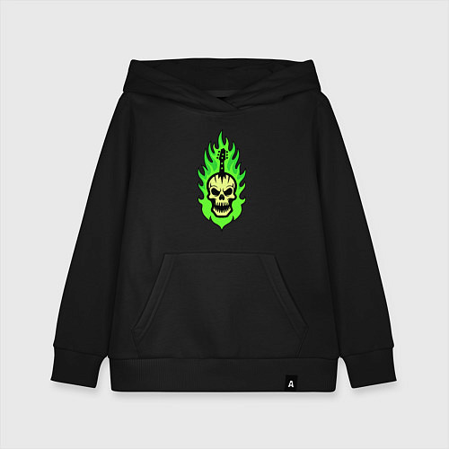 Детская толстовка-худи Яркий зеленый череп в виде гитары / Черный – фото 1