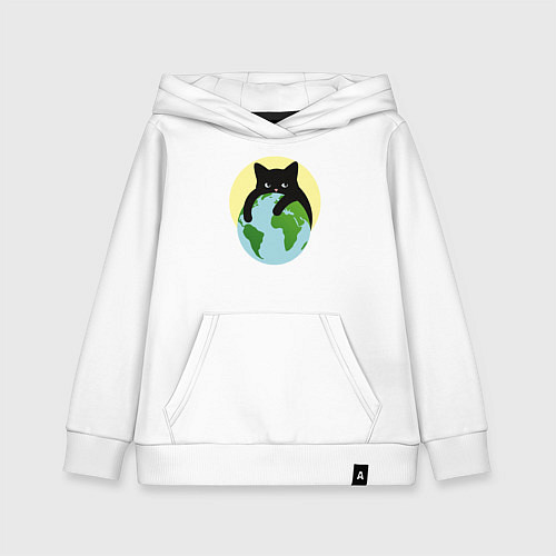 Детская толстовка-худи Котик, обнимающий землю в космосе / Белый – фото 1