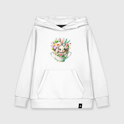 Толстовка детская хлопковая Милый кролик акварельная чашечка цветы, цвет: белый