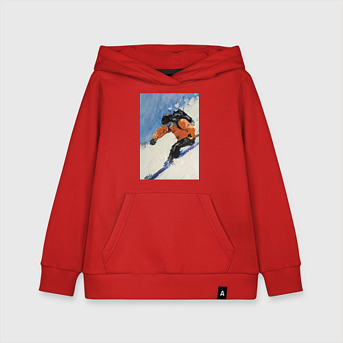 Детская толстовка-худи Горнолыжный спорт спуск - живопись маслом / Красный – фото 1