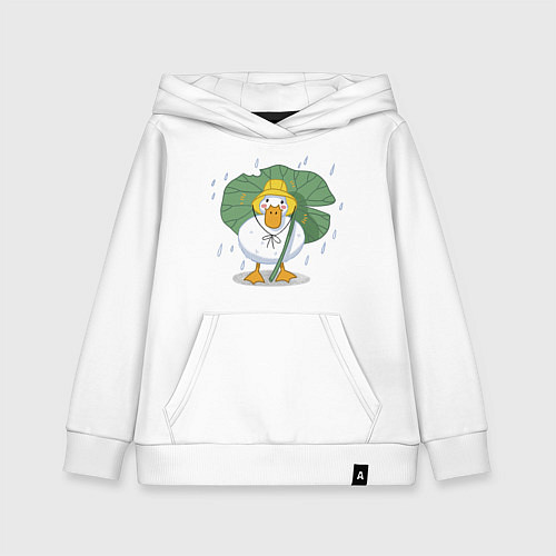 Детская толстовка-худи Милая уточка гусь под листом в шляпке в дождь / Белый – фото 1