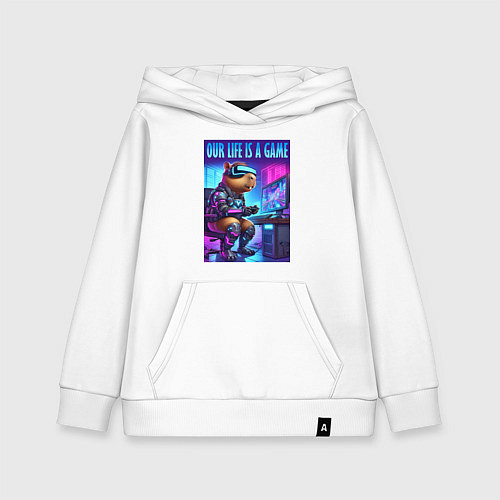 Детская толстовка-худи Капибара заядлый геймер - неоновое свечение / Белый – фото 1
