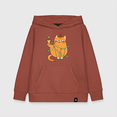 Детская толстовка-худи Новый год - Кот хоба / Кирпичный – фото 1