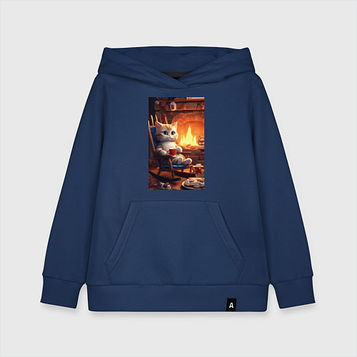 Детская толстовка-худи Уютный кот у камина с чашкой какао / Тёмно-синий – фото 1