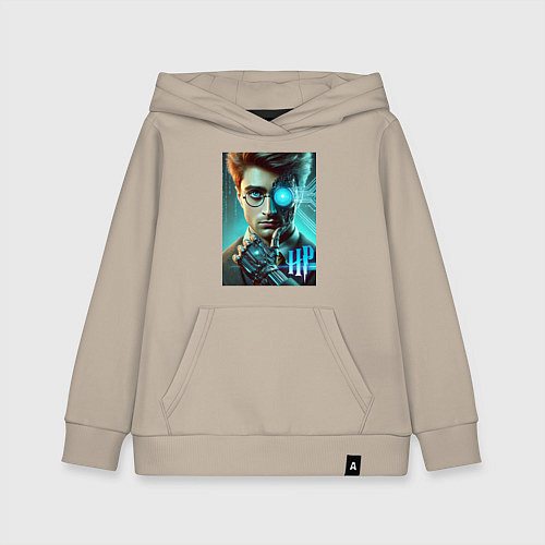 Детская толстовка-худи Cyber Harry Potter - ai art neon fantasy / Миндальный – фото 1