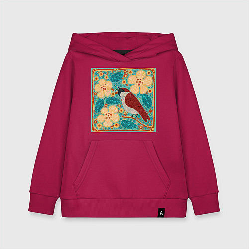 Детская толстовка-худи Воробей на ветке яблони / Маджента – фото 1
