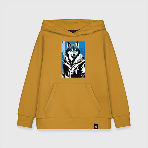 Детская толстовка-худи Волк в мегаполисе - нейроарт / Горчичный – фото 1