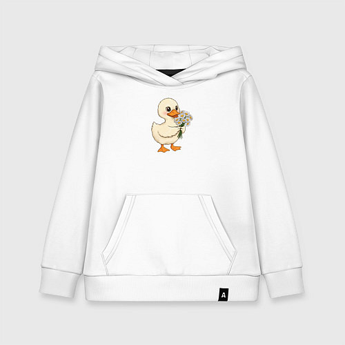 Детская толстовка-худи Милая уточка с букетом ромашек / Белый – фото 1