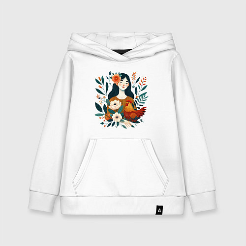 Детская толстовка-худи Девушка и курица в окружении цветов / Белый – фото 1