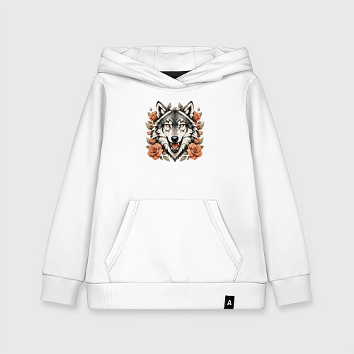 Детская толстовка-худи Голова волка в цветах / Белый – фото 1