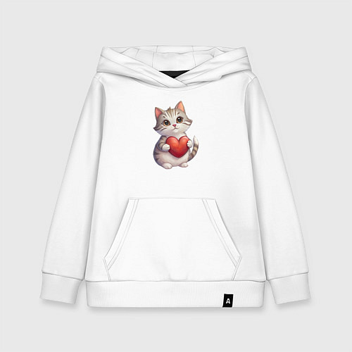 Детская толстовка-худи Серый кот держит сердце в лапах / Белый – фото 1