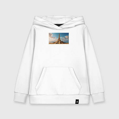 Детская толстовка-худи Песчаная мечта: Эйфелева башня на пляже / Белый – фото 1