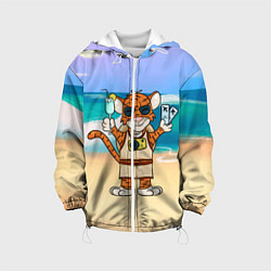 Куртка с капюшоном детская Тигр в отпуске на новый год на море, цвет: 3D-белый