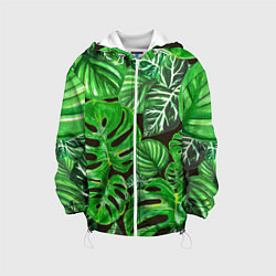 Куртка с капюшоном детская Тропические листья на темном фоне, цвет: 3D-белый
