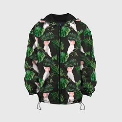 Куртка с капюшоном детская Белые попугаи и листья, цвет: 3D-черный