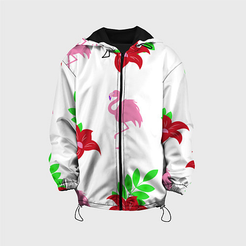 Детская куртка Розовый фламинго с цветами / 3D-Черный – фото 1