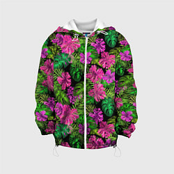 Куртка с капюшоном детская Тропические листья и цветы на черном фоне, цвет: 3D-белый
