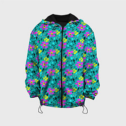 Детская куртка Яркий цветочный узор на бирюзовом фоне