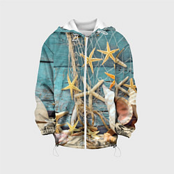 Куртка с капюшоном детская Натюрморт из сети, морских звёзд и ракушек - лето, цвет: 3D-белый