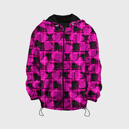 Детская куртка Black and pink hearts pattern on checkered / 3D-Черный – фото 1