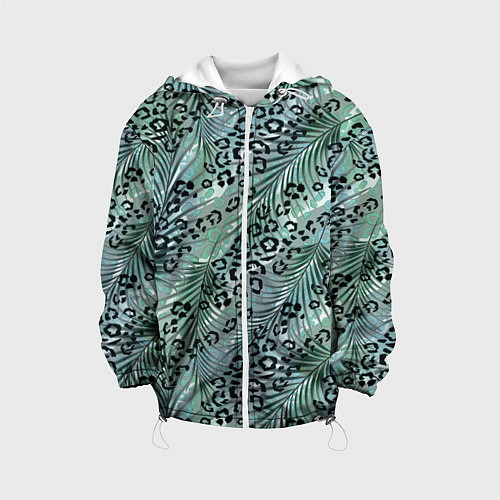 Детская куртка Листья пальмы на леопардовом серо - зеленом фоне / 3D-Белый – фото 1