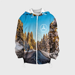 Куртка с капюшоном детская Мерседес - зимняя дорога через лес, цвет: 3D-белый
