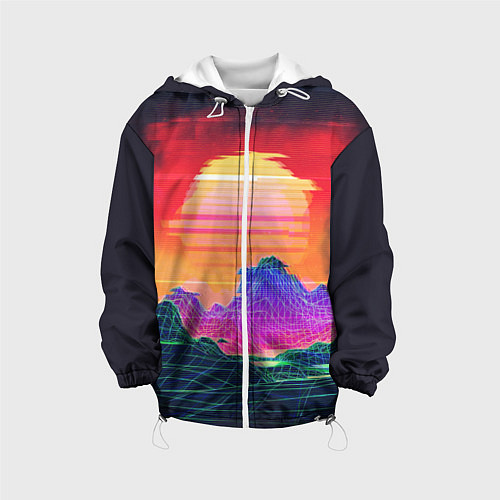 Детская куртка Синтвейв неоновые горы на закате / 3D-Белый – фото 1