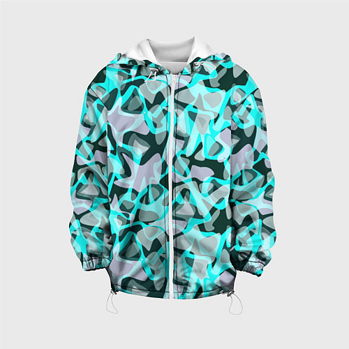 Детская куртка Пятнистый абстрактный узор серый с бирюзовыми лини / 3D-Белый – фото 1