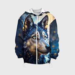 Куртка с капюшоном детская Волк на синем фоне, цвет: 3D-белый