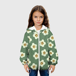 Куртка с капюшоном детская Цветочки-смайлики: темно-зеленый паттерн, цвет: 3D-белый — фото 2