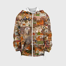 Куртка с капюшоном детская Коллаж из сказочных зверей - совы, белки, ёжики, цвет: 3D-белый