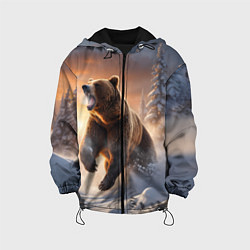 Куртка с капюшоном детская Бурый медведь в лесу, цвет: 3D-черный