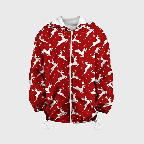 Детская куртка Красный паттерн с новогодними оленями / 3D-Белый – фото 1