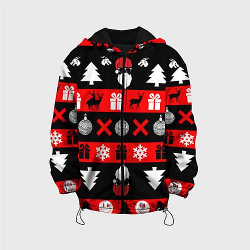 Детская куртка Новогодний патерн с оленями и сантой / 3D-Черный – фото 1