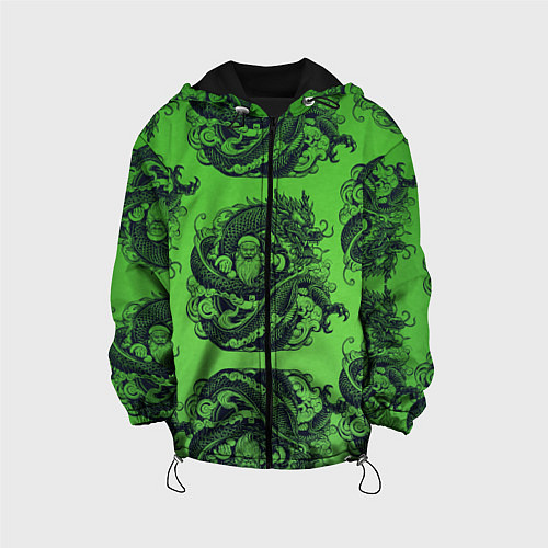 Детская куртка Дракон и Дед Мороз паттерн на зеленом / 3D-Черный – фото 1
