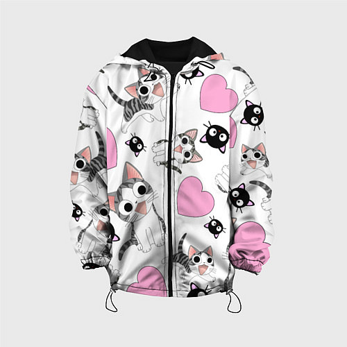Детская куртка Влюблённый котик аниме и сердечки / 3D-Черный – фото 1