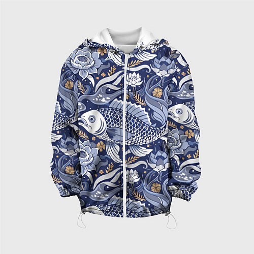 Детская куртка Рыба карп - синий корейский узор / 3D-Белый – фото 1