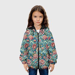 Куртка с капюшоном детская Пионы паттерном садовые крупные цветы, цвет: 3D-черный — фото 2