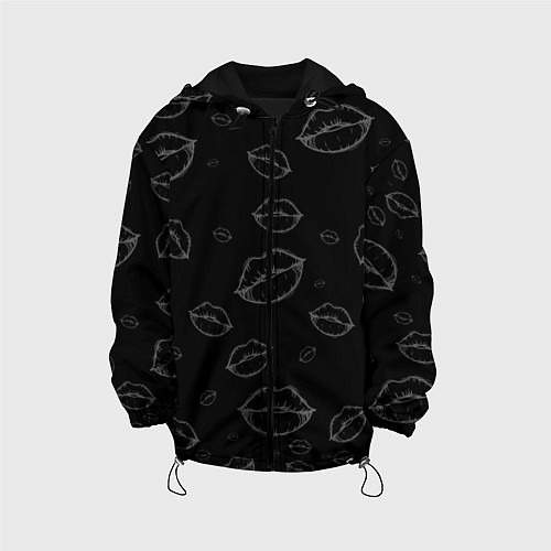 Детская куртка Паттерн серый контур губ на чёрном - lips black / 3D-Черный – фото 1