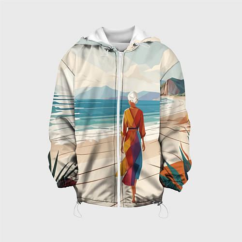 Детская куртка Летний пейзаж с женщиной на пляже / 3D-Белый – фото 1