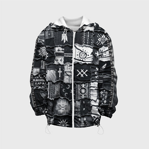 Детская куртка Символы Апачи на пэчворк дениме / 3D-Белый – фото 1