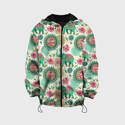 Куртка с капюшоном детская Слоны и мандалы паттерн в индийской стилистике, цвет: 3D-черный