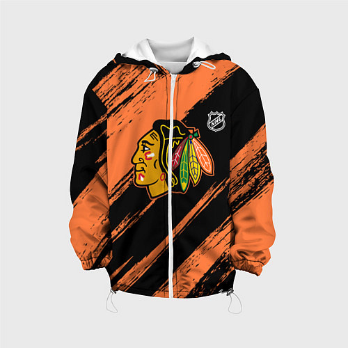 Детская куртка Чикаго Блэкхокс - фон с оранжевыми потертостами / 3D-Белый – фото 1