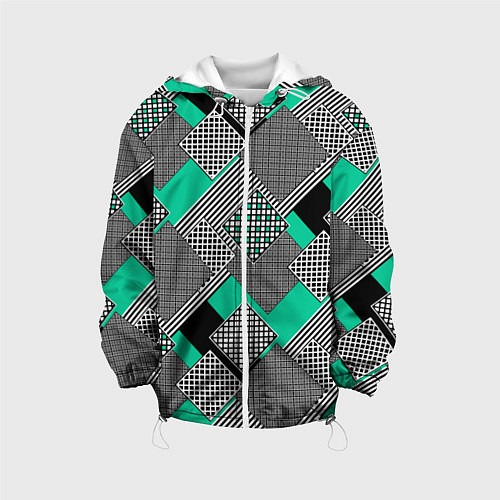 Детская куртка Черно бирюзовая абстрактная геометрия пэчворк / 3D-Белый – фото 1