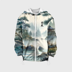 Куртка с капюшоном детская Японский акварельный пейзаж, цвет: 3D-белый