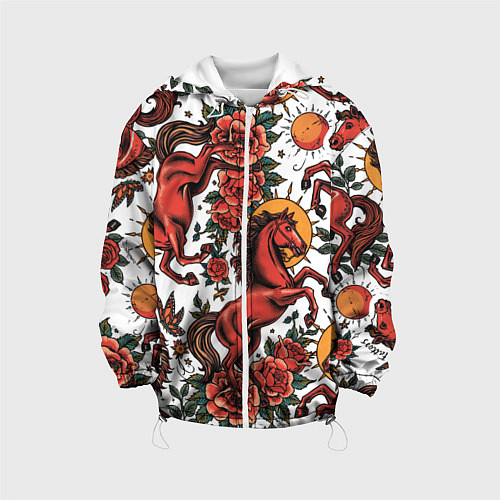Детская куртка Красный конь в стиле татуировки / 3D-Белый – фото 1